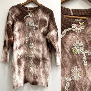 POL tie-dye cable knit sweater dress crochet flower appliqués brown medium